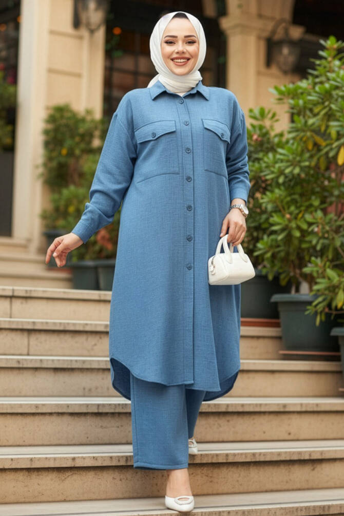 Düğmeli İndigo Mavisi Tesettür İkili Takım 44661IM - 1