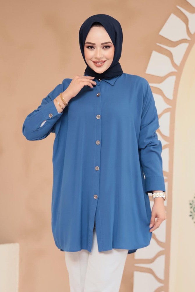 Düğmeli İndigo Mavisi Tesettür Tunik 20408IM - NEVA STYLE