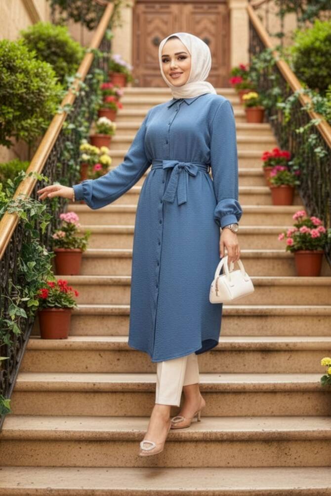Düğmeli İndigo Mavisi Tesettür Tunik 32172IM - NEVA STYLE