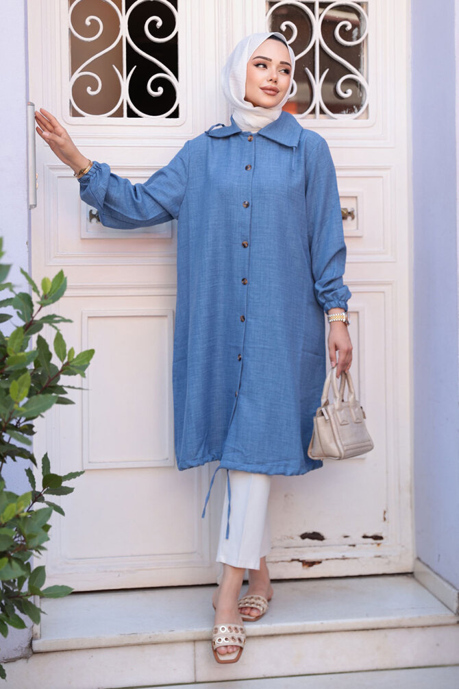 Düğmeli İndigo Mavisi Tesettür Tunik 70881IM - 2