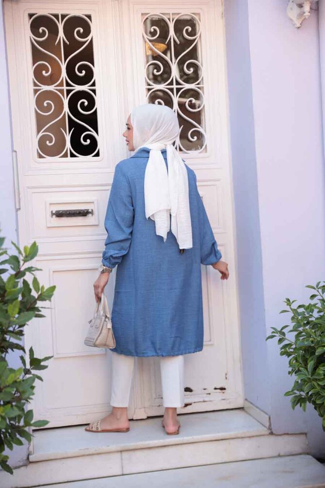 Düğmeli İndigo Mavisi Tesettür Tunik 70881IM - 4