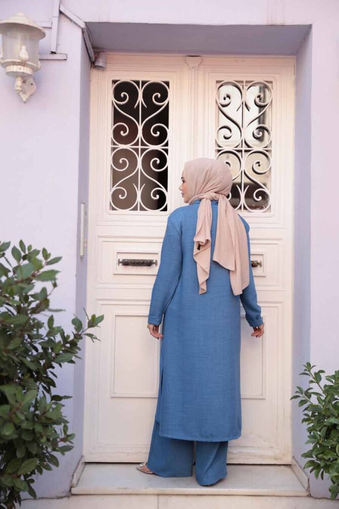Düğmeli İndigo Mavisi Tesettür Üçlü Takım 76591IM - 4