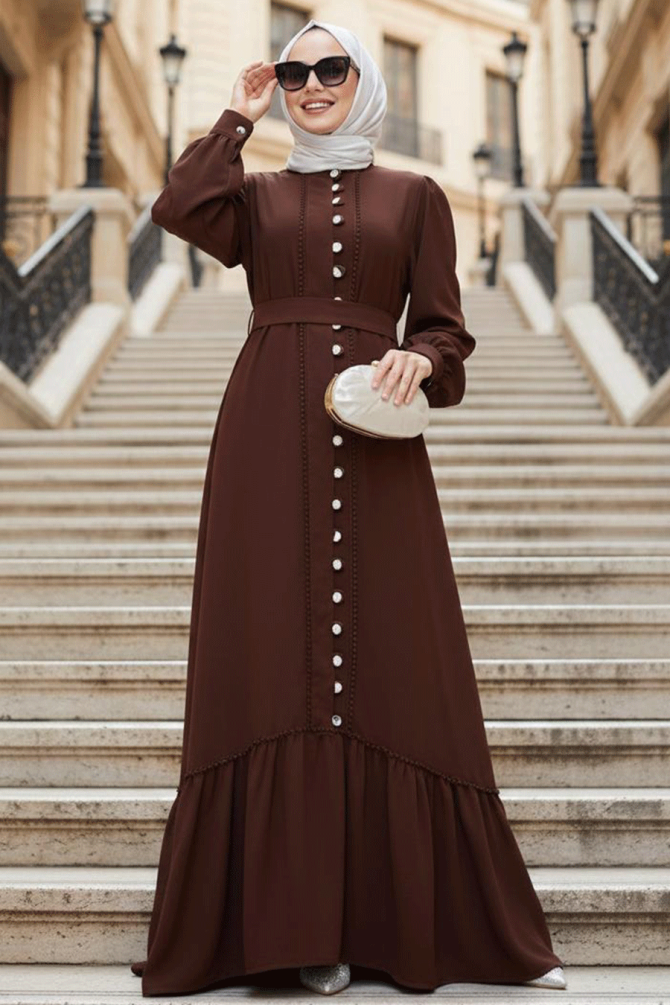 Düğmeli Kahverengi Tesettür Elbise 10154KH - 1