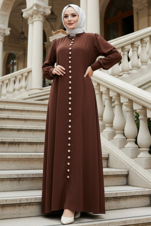 Düğmeli Kahverengi Tesettür Elbise 10231KH 