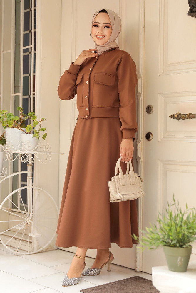Düğmeli Kahverengi Tesettür Etekli İkili Takım 12261KH - 2