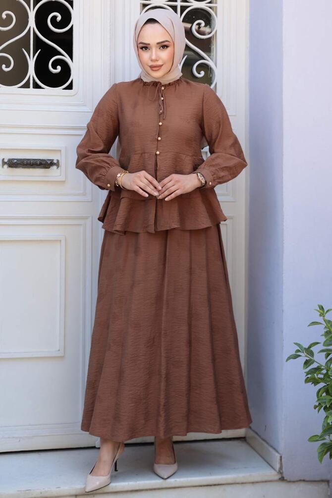 Düğmeli Kahverengi Tesettür Etekli İkili Takım 14334KH - N.S NEVA STYLE