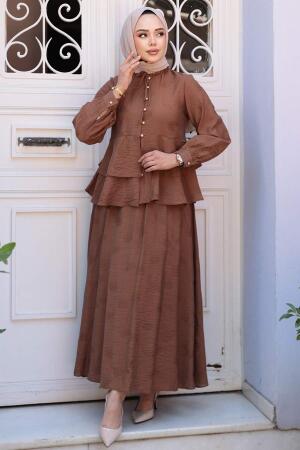 Düğmeli Kahverengi Tesettür Etekli İkili Takım 14334KH - 3