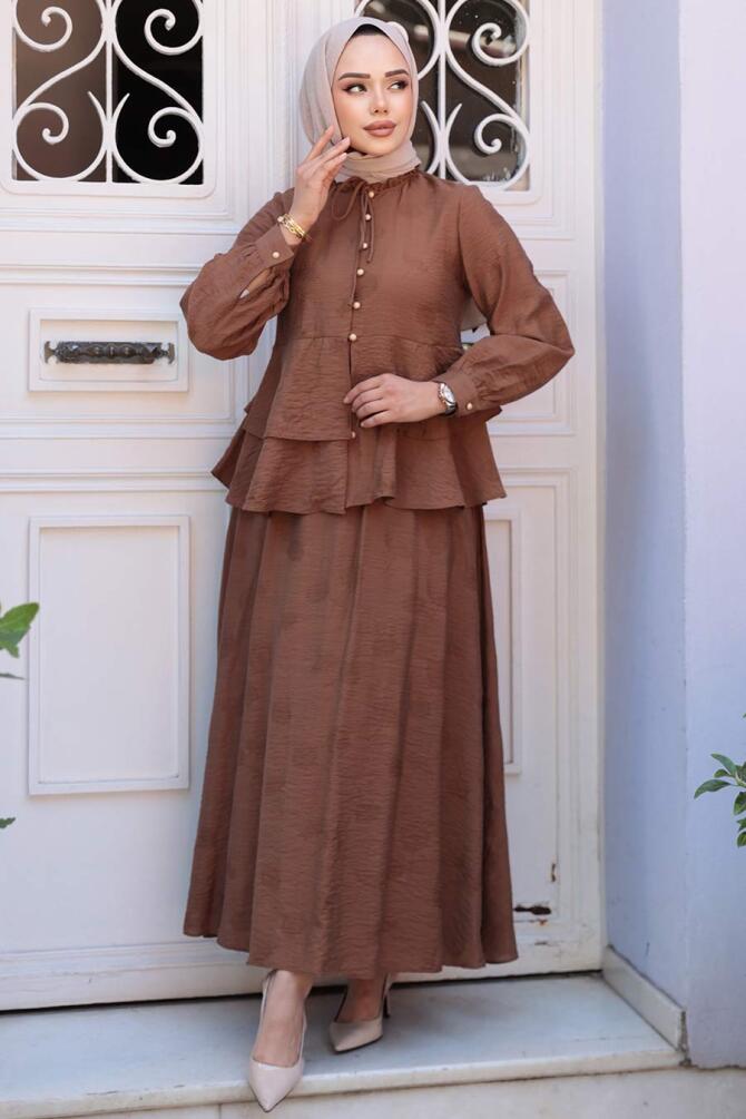 Düğmeli Kahverengi Tesettür Etekli İkili Takım 14334KH - 3