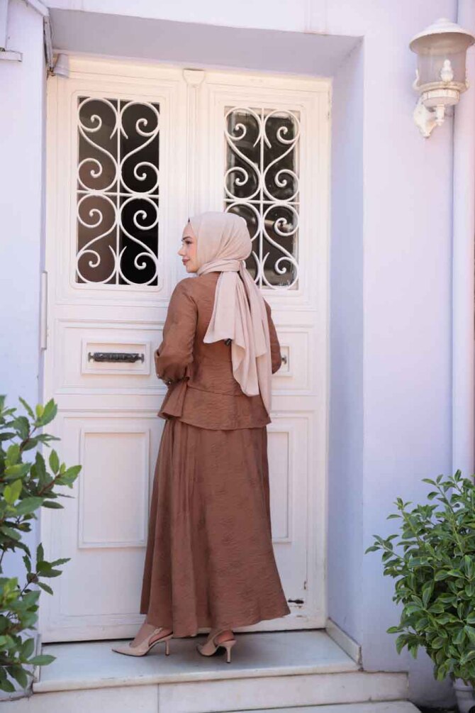 Düğmeli Kahverengi Tesettür Etekli İkili Takım 14334KH - 4