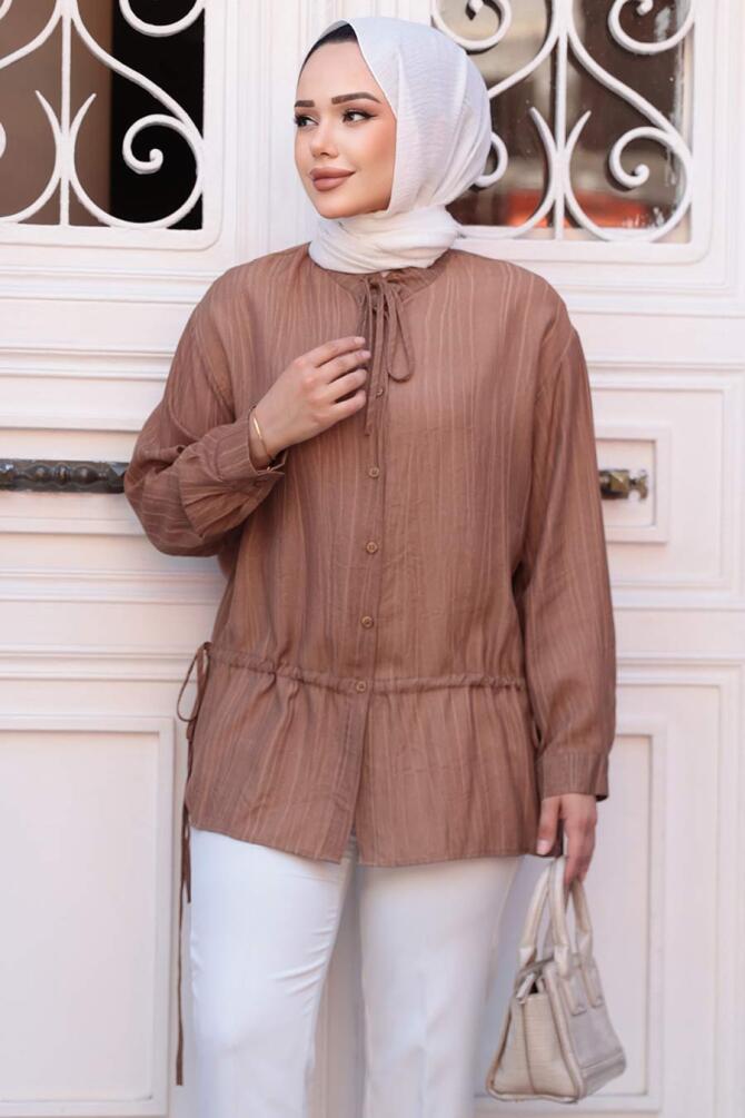 Düğmeli Kahverengi Tesettür Gömlek 32358KH - NEVA STYLE