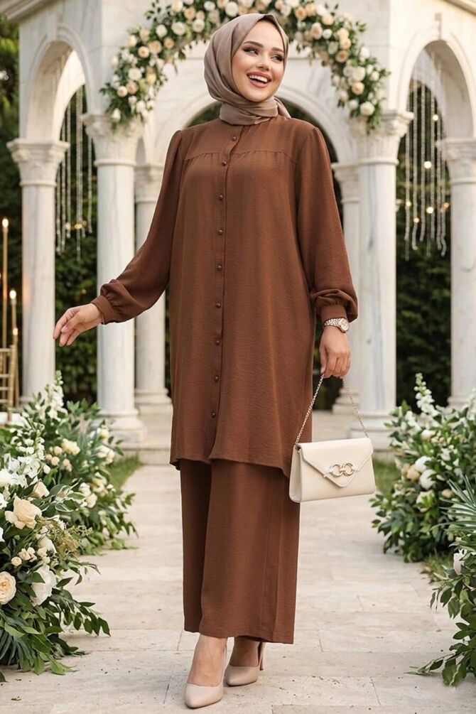 Düğmeli Kahverengi Tesettür İkili Takım 12172KH - NEVA STYLE