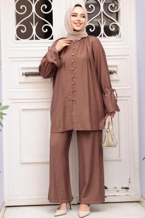 Düğmeli Kahverengi Tesettür İkili Takım 30451KH - 3