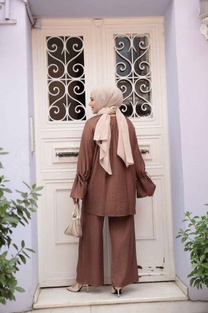 Düğmeli Kahverengi Tesettür İkili Takım 30451KH - 4