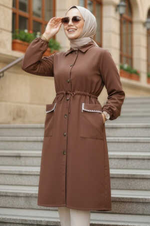 Düğmeli Kahverengi Tesettür Kap 91781KH - 1