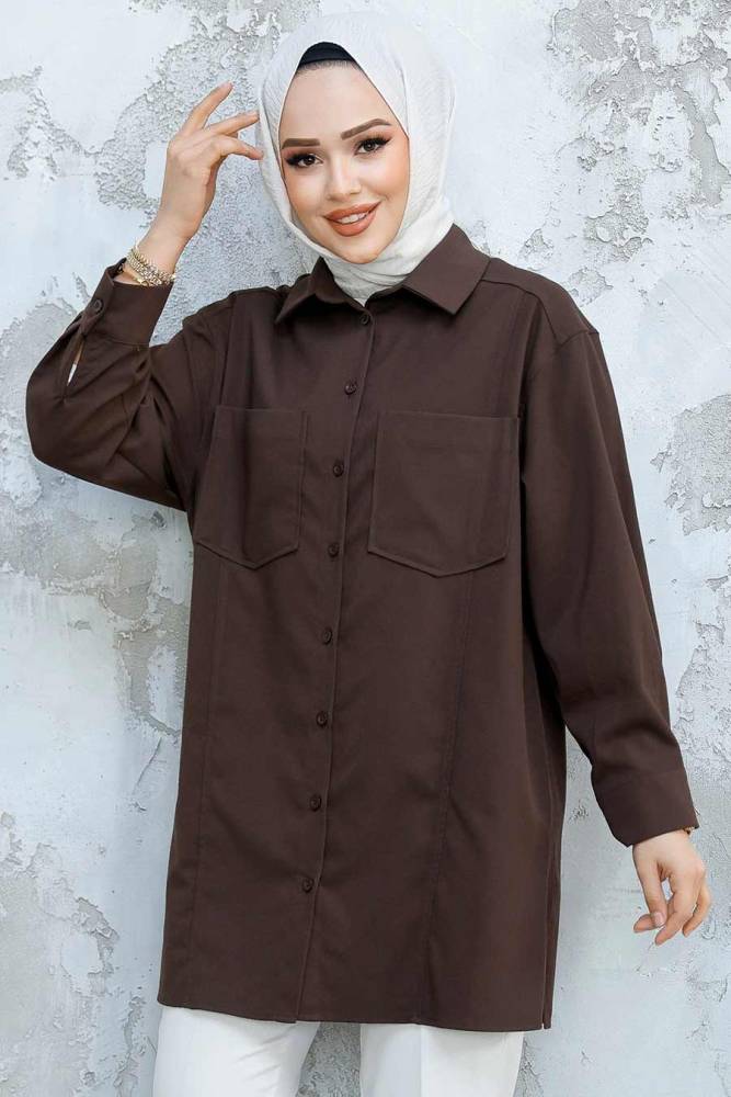  Düğmeli Kahverengi Tesettür Puane Gömlek 10564KH - NEVA STYLE