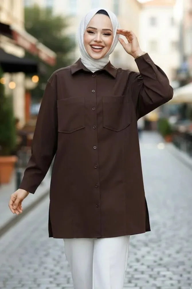  Düğmeli Kahverengi Tesettür Puane Gömlek 10564KH - NEVA STYLE