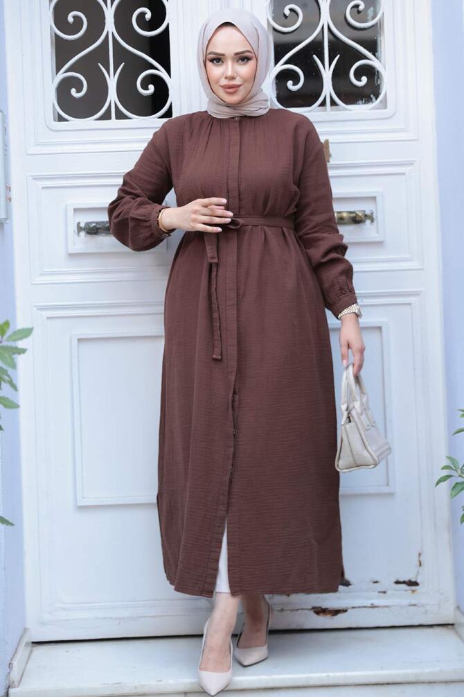 Düğmeli Kahverengi Tesettür Tunik 19045KH - 2