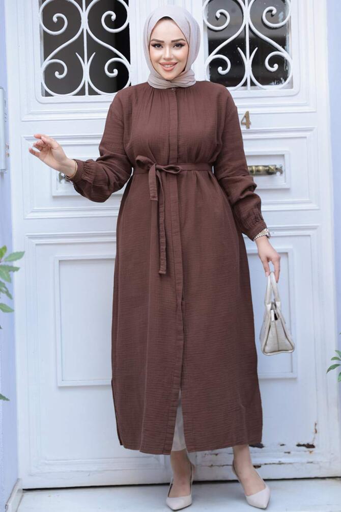 Düğmeli Kahverengi Tesettür Tunik 19045KH - 3