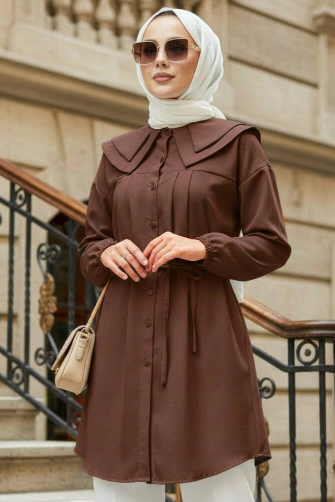 Düğmeli Kahverengi Tesettür Tunik 20228KH - 1