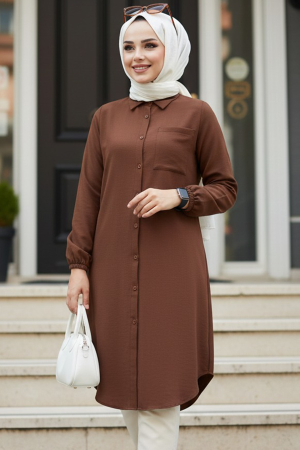 Düğmeli Kahverengi Tesettür Tunik 30293KH - N.S NEVA STYLE