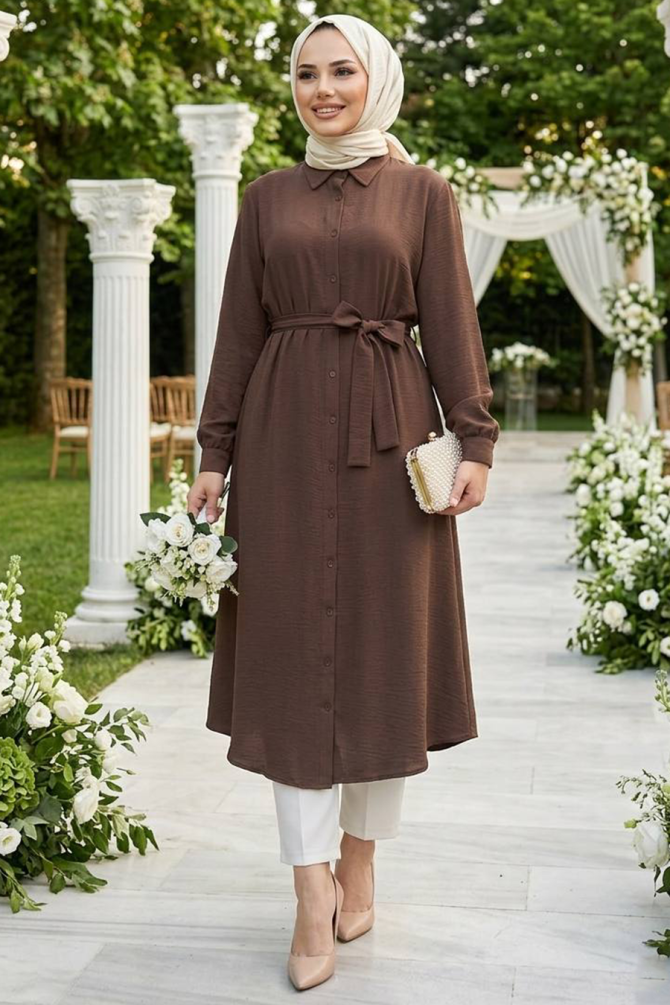 Düğmeli Kahverengi Tesettür Tunik 32172KH - N.S NEVA STYLE