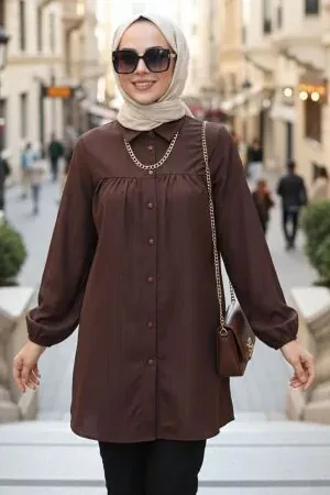 Düğmeli Kahverengi Tesettür Tunik 5377KH 
