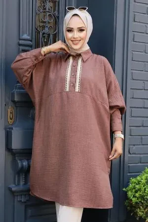 Düğmeli Kahverengi Tesettür Tunik 663KH 