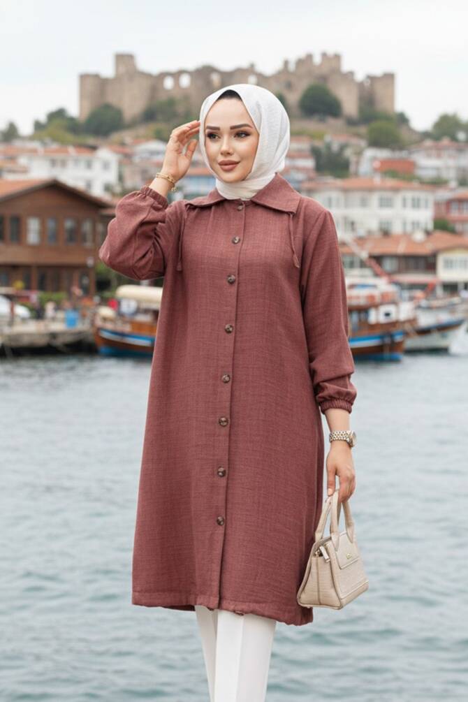 Düğmeli Kahverengi Tesettür Tunik 70881KH - 1