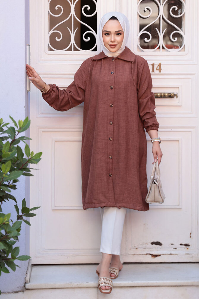 Düğmeli Kahverengi Tesettür Tunik 70881KH - NEVA STYLE