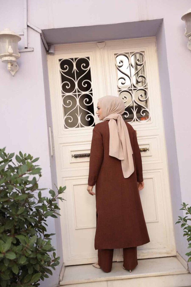Düğmeli Kahverengi Tesettür Üçlü Takım 76591KH - 3