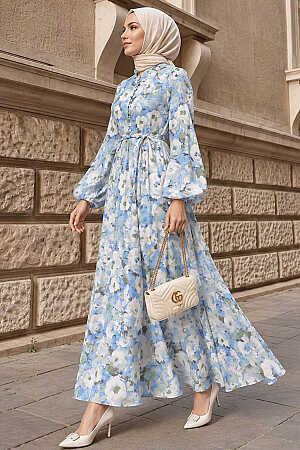Buttoned Belted Floral Blue Modest Dress 24980M - 1