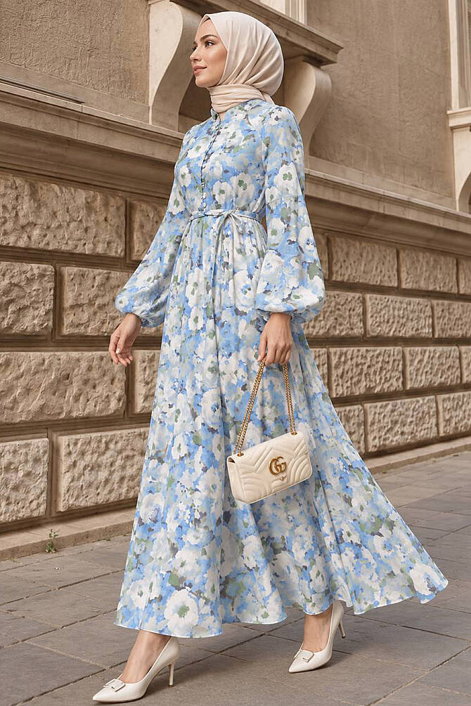 Buttoned Belted Floral Blue Modest Dress 24980M - 1