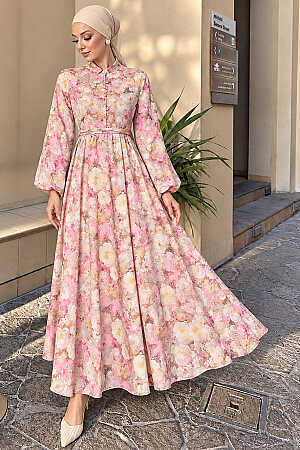 Buttoned Belted Floral Pink Modest Dress 24980P 