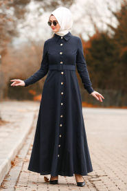 Düğmeli Kemerli Koyu Lacivert Tesettür Elbise 8409KL - Thumbnail