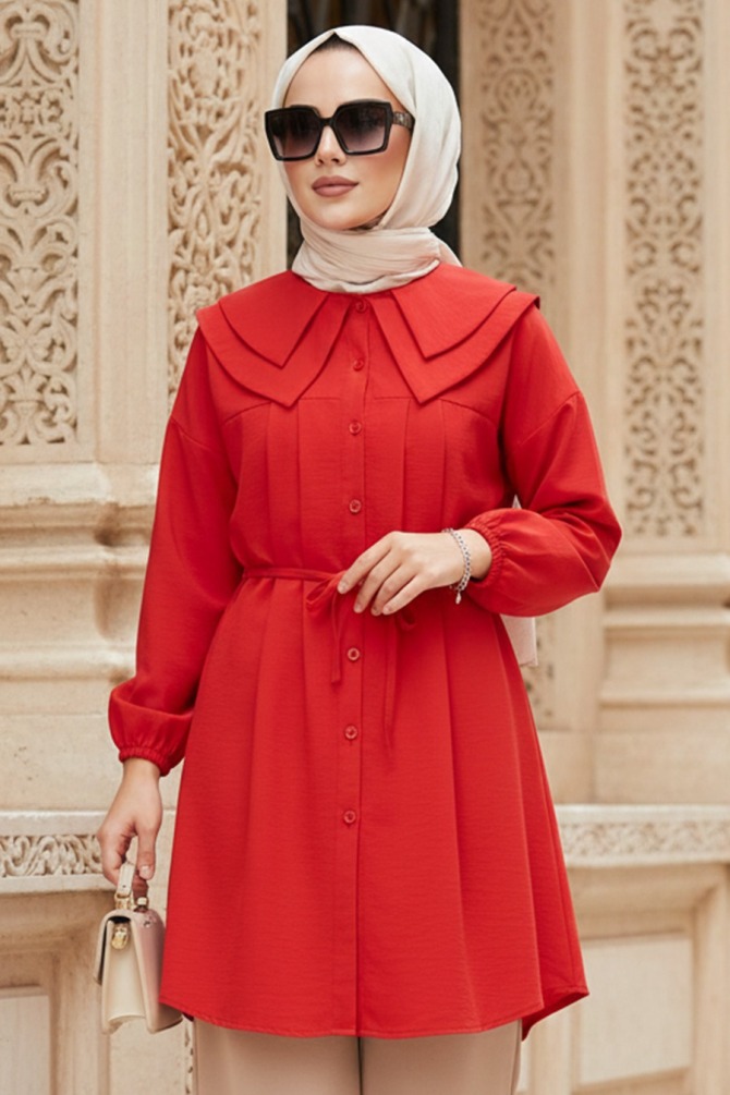 Düğmeli Kırmızı Tesettür Tunik 20228K - 1