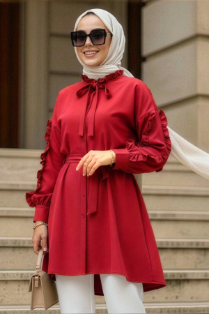Düğmeli Kırmızı Tesettür Tunik 20295K 