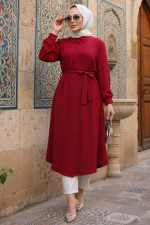 Düğmeli Kırmızı Tesettür Tunik 32172K - 1