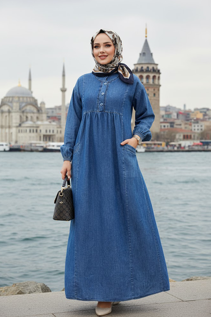 Düğmeli Kot Koyu Mavi Tesettür Elbise 19139KM