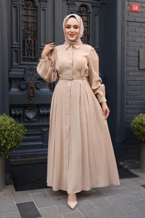 Düğmeli Koyu Bej Tesettür Elbise 19044KBEJ - 3