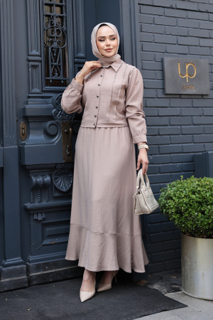 Düğmeli Koyu Bej Tesettür Etekli İkili Takım 44741KBEJ - 2