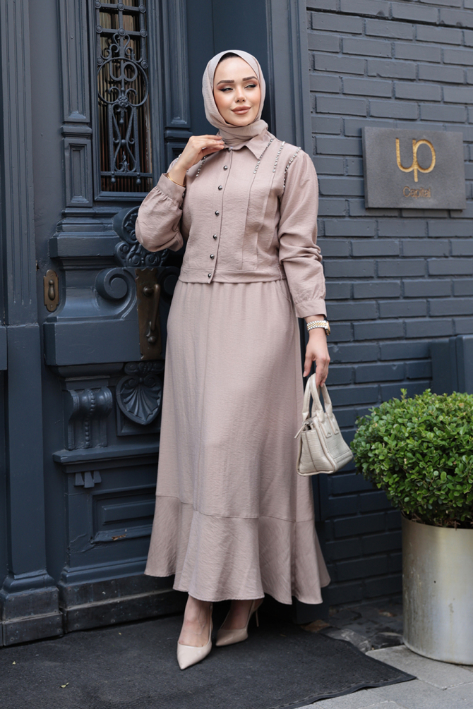 Düğmeli Koyu Bej Tesettür Etekli İkili Takım 44741KBEJ - 2