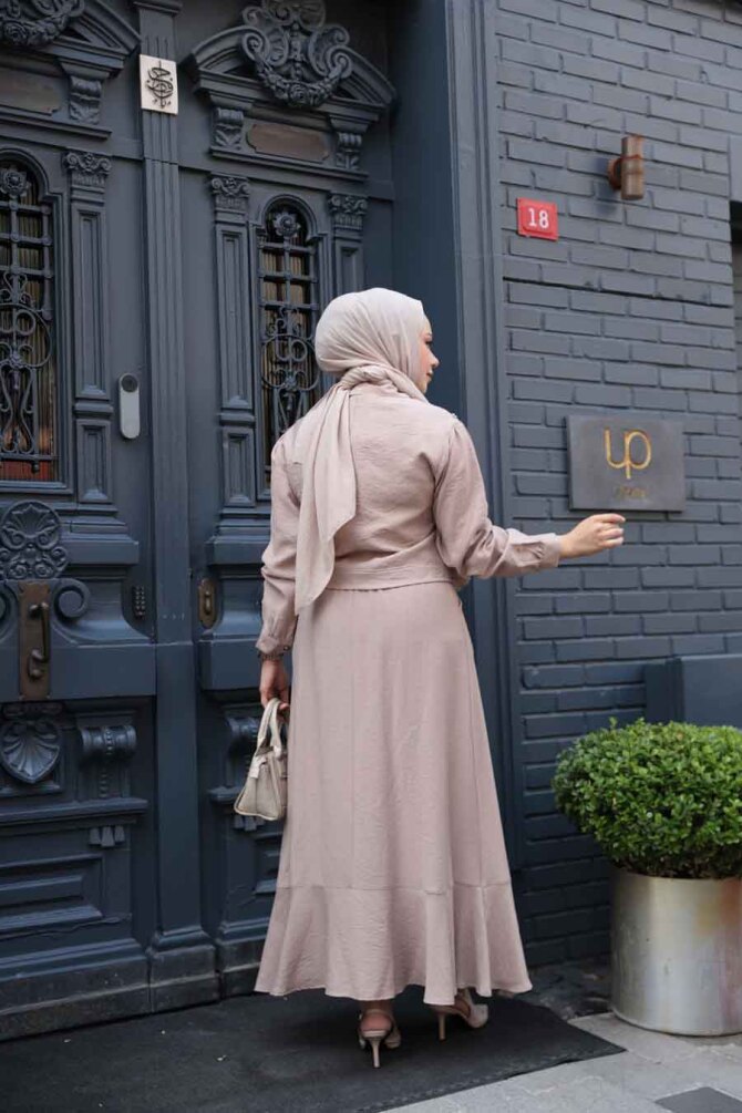 Düğmeli Koyu Bej Tesettür Etekli İkili Takım 44741KBEJ - 3