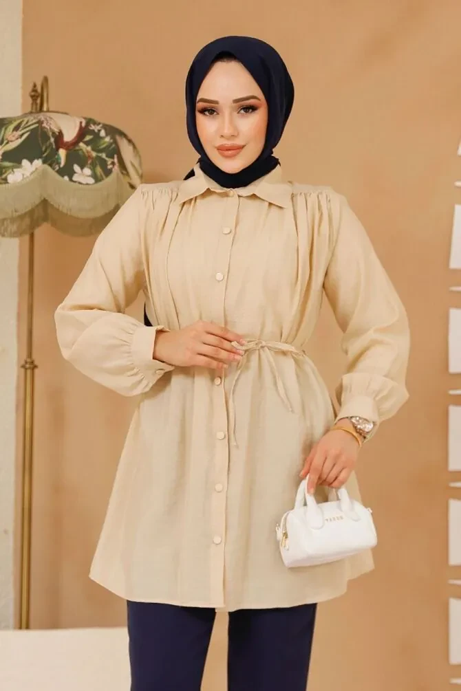 Düğmeli Koyu Bej Tesettür Tunik 10025KBEJ - 1