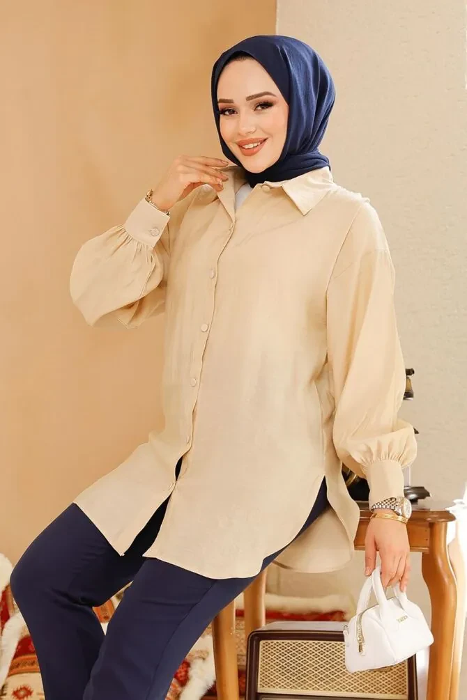 Düğmeli Koyu Bej Tesettür Tunik 10059KBEJ - 1