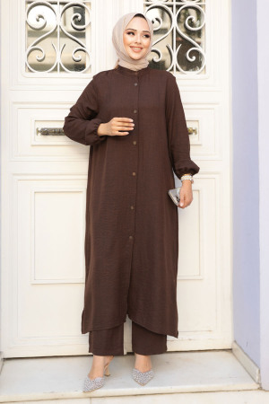 Düğmeli Koyu Kahverengi Tesettür İkili Takım 19017KKH 