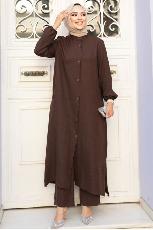 Düğmeli Koyu Kahverengi Tesettür İkili Takım 19017KKH - 2