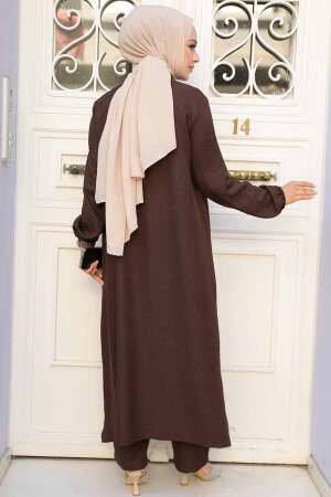 Düğmeli Koyu Kahverengi Tesettür İkili Takım 19017KKH - 3