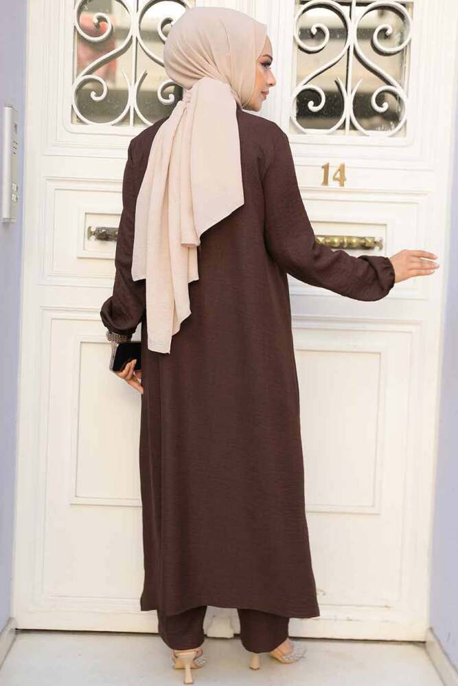 Düğmeli Koyu Kahverengi Tesettür İkili Takım 19017KKH - 3