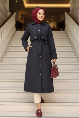 Düğmeli Koyu Lacivert Tesettür Trençkot 62131KL 