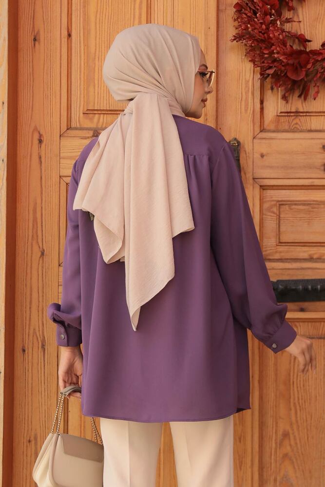 Düğmeli Koyu Lila Tesettür Tunik 19026KLILA - 4